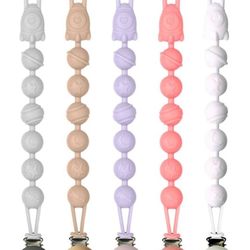  Silicone Pacifier Clips Baby, 5 Pack Soft Flexible Binky Pacifier Clip Holder with One Piece Beads Design for Boys and Girls, Birthday 