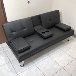 Brand New $155 Futon Folding Sofa Bed 65x30x31” PU Leather w/ Cup Holder 