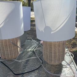 2 Wicker Lamps With White Shades 