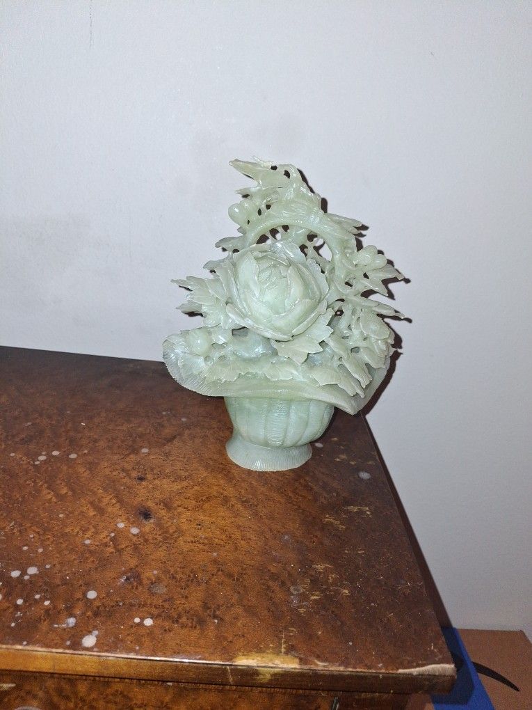 Chinese Carved Celadon Jade Flower Pot Sculpture