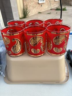 MCM Culver Red Paisley Low Old Fashion Rock Glasses