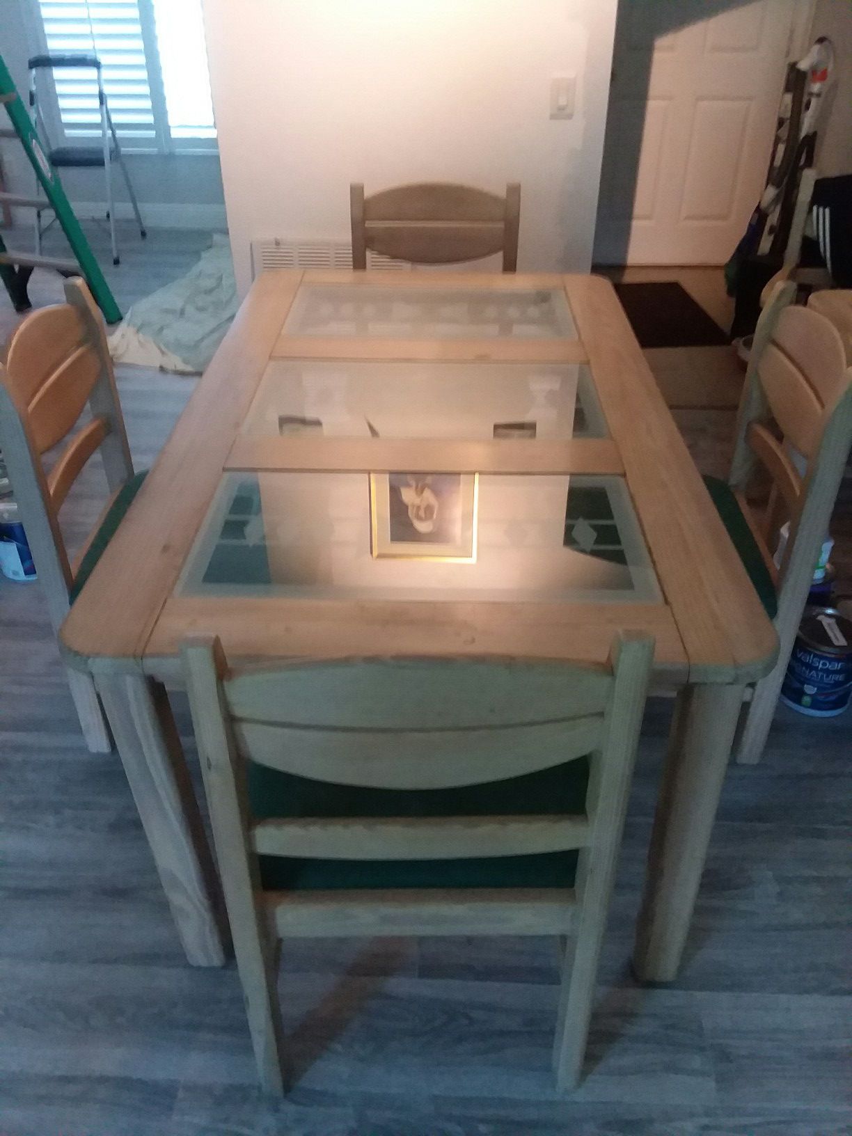 Dining table solid pine with 4 matching chairs glass top