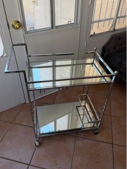 Modern Chrome & Glass Bar Cart on Wheels | 2-Tier Serving Cart