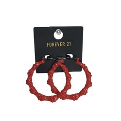 Red Bamboo Style Hoop Earrings 2½" -  Lightweight - Forever 21 - New 
