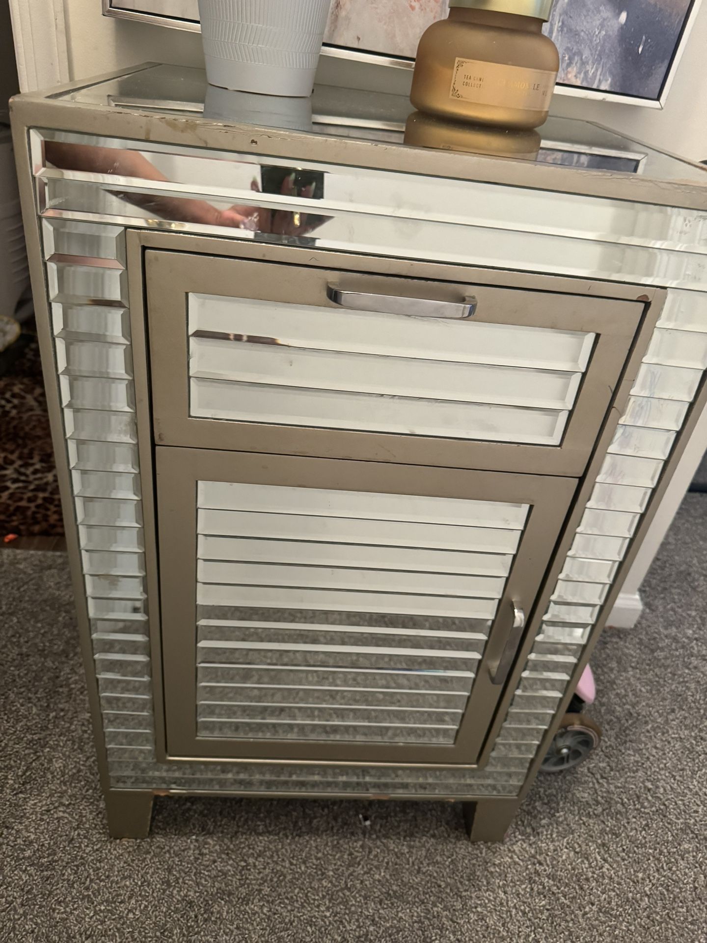 Mirrored Accent Table with cabinet and drawer