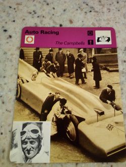 Vintage 1978 sportscaster auto racing/ the Campbell's/ sir Malcolm Campbell and ' bluebird' during a trial day in 1935/ olympic collector card # 21-03
