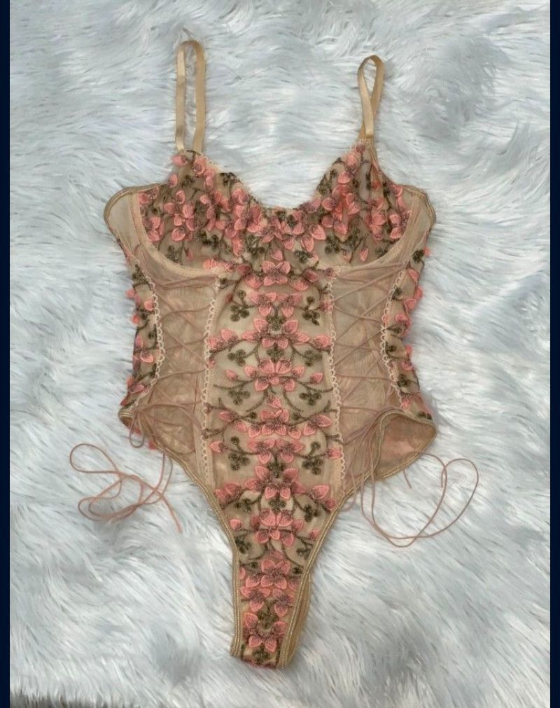 Snap Crotch Lace Deep V Bodysuit Teddy