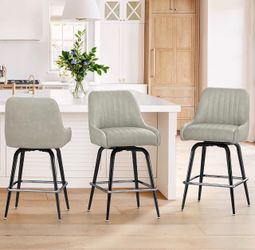 Set Of 3 LUE BONA Counter Height Bar Stools , 26" H Modern Barstools with Backs, Metal Frames and LightGrey Faux Leather Upholstered Accent Bar Stools
