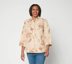 Joan Rivers Printed Chambray Popover Shirt with Hidden Placket Beige, XX-Small