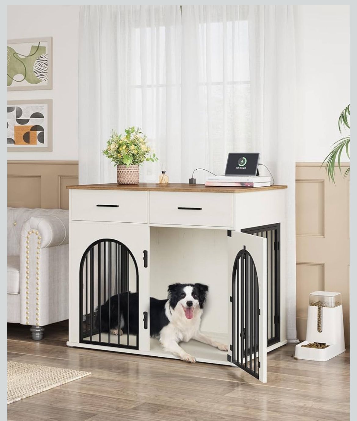 43.3'' Large Dog Crate Furniture with 2 Storage Drawers, Heavy Duty Dog Kennel Indoor with Charging Station, Wooden Dog Cage End Table Kennel for Medi