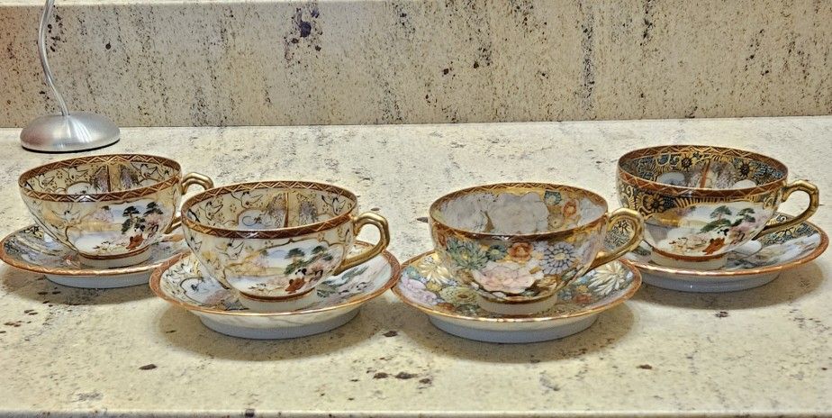 4 Kutani eggshell china teacups & saucers