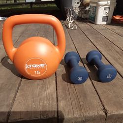 Sturdy Tone Fitness 15Lb Kettlebell Weight And 5Lb Dumbells, Great Condition. $10.00.