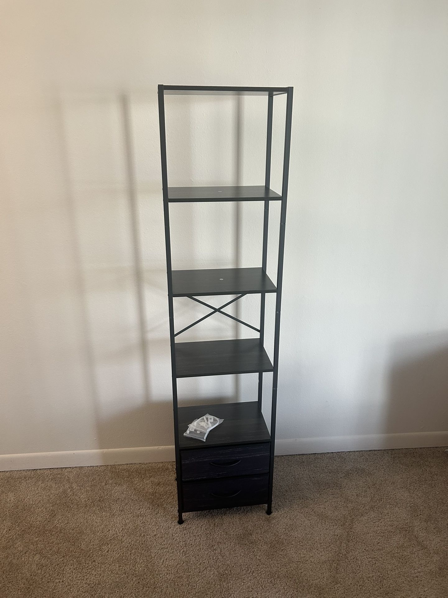 Furnulem 5-Tier Corner Shelf, Narrow Bookshelf with 2 Storage Drawers,
