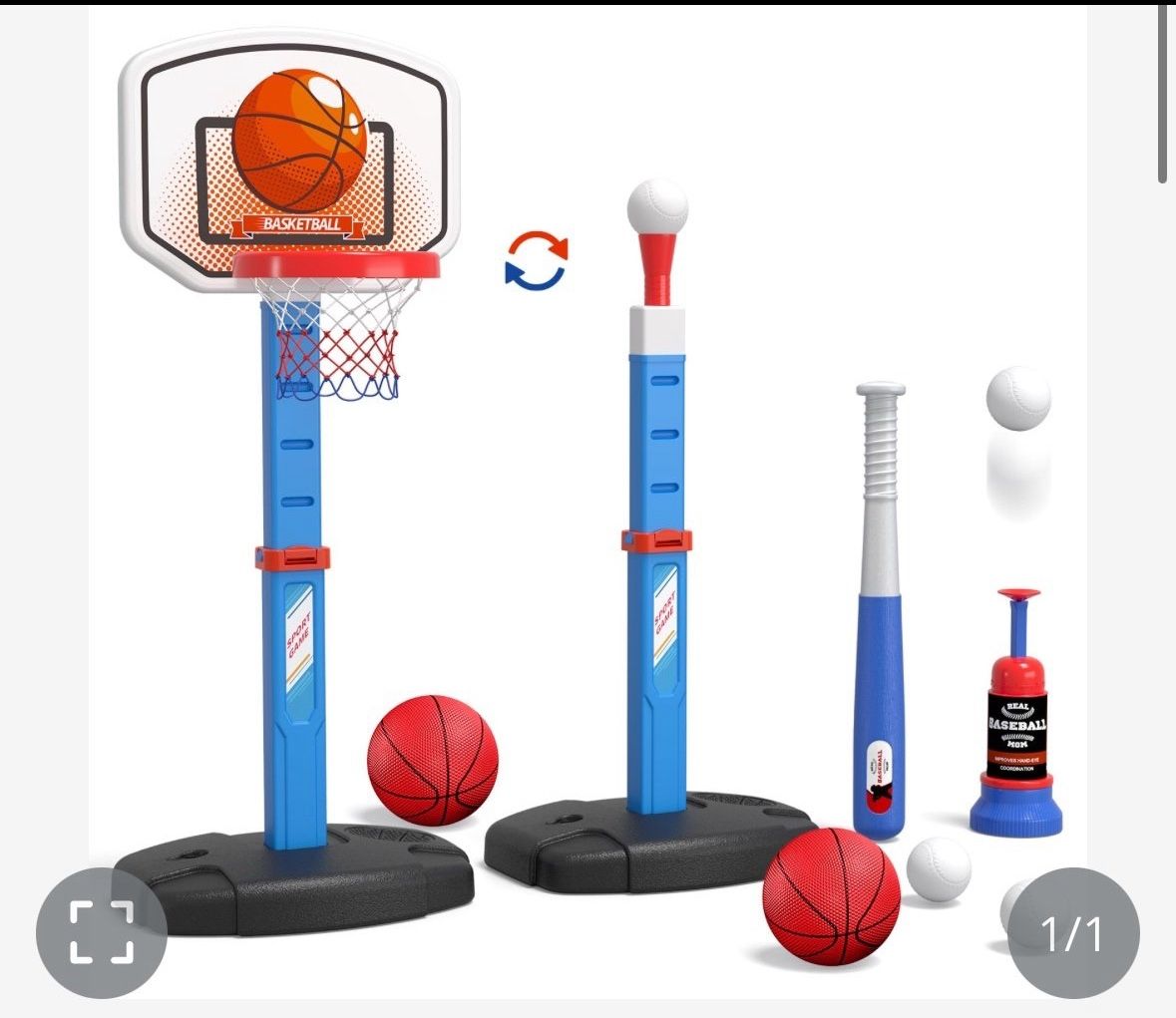 HYES 2 In 1 Kids Basketball Hoop And T Ball Set - Adjustable Height, Kids Baseball Tee With Automatic Pitching Machine, Indoor Outdoor Sport Toys Gift