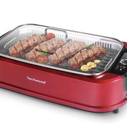 Techwood Indoor Smokeless Grill, 1500W Electric BBQ Grill and Non-Stick Grill Plates with Temperature Control, Removable Drip Tray, Tempered Glass Lid