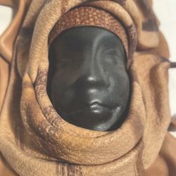 Folk-art Handcrafted Two-Tone Leather Black Face Wall Art 13.5” Tall 6” Wide.