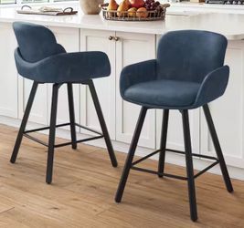 Modern 26 in. Blue Faux Leather Low back Metal Swivel Bar Stools Counter Stool with Armrest and footrests (Set of 2)