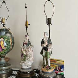 Qty 2 Antique 33” Victorian Lamps Lights Porcelain Brass 