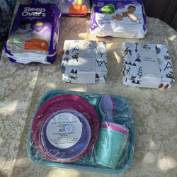 Kids Diapers And Baby’s Crib Sheet And Kids Dinnerware Set