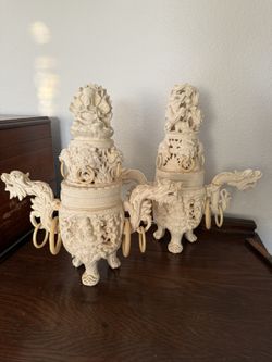 Vintage Chinese Carved Vase Statue Incense Burner Candle Holder
