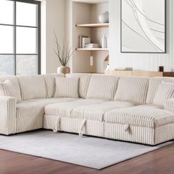 Best Prices! Sleeper Sectional With Storage Chaise In Soft Ivory Fabric! 