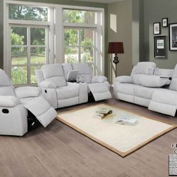 Brand New Light Gray Linen Fabric 3pc Reclining Set With Storage Compartments A Drop Down Table & Built In Cup Holders 