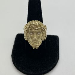 JESUS RING 10KT YG, SIZE 10, 10.4 GRAMS 