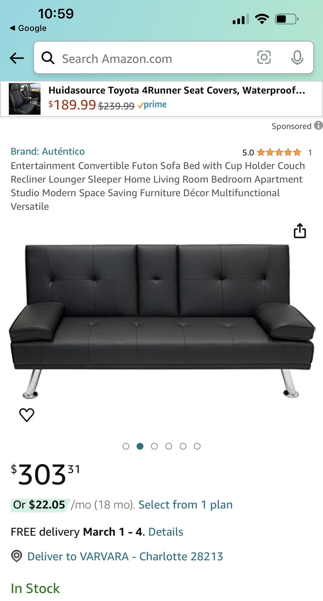 Faux Leather Sofa Bed Convertible Futon Sofa with 2 Throw Pillows Cup