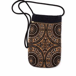 Vintage Style Tapestry Crossbody Bag Boho Woven Purse Black Tan Rope Strap