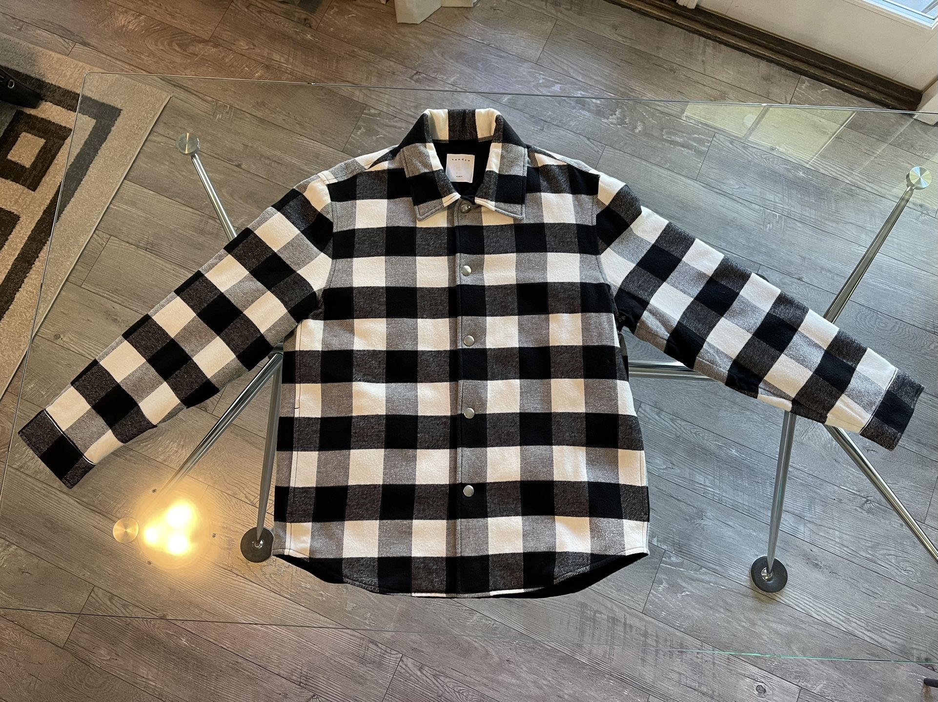MENS Sandro Size L Black White Buffalo Plaid Lined Jacket