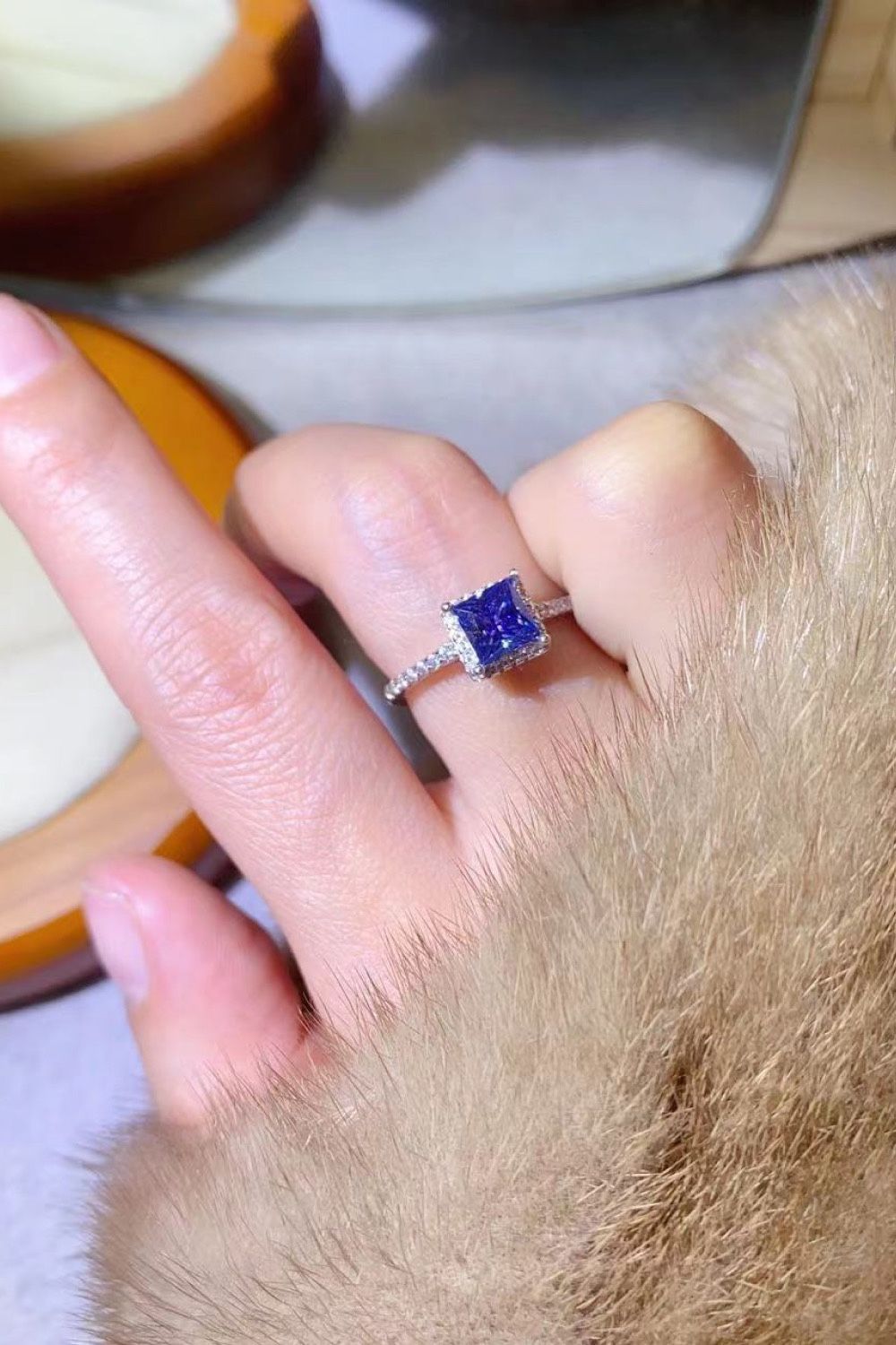 One Carat Moissanite Bluish-Purple Square Ring