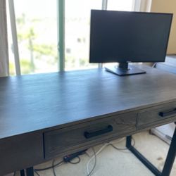 Hammond 2-Drawer Writing Desk, Solid Mango Wood Gray Finish and Black Iron Legs