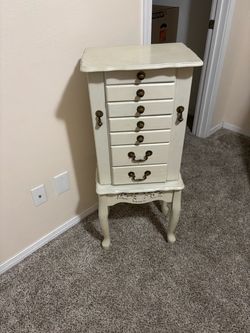 Vintage Shabby Chic Jewelry Armoire Cabinet-Cream & Pink Velvet
