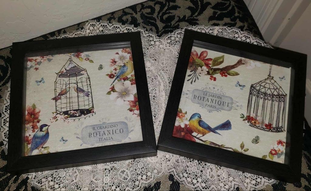 X2 NEW WOOD FRAME FLORAL FLOWER SONGBIRD SING SONG BIRD 3D WALL ART DECOR SHADOW BOX PICTURE ART SET