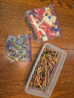 Retro Crayons assortment, 120+ Glass Marbles and LEGO brick bundle