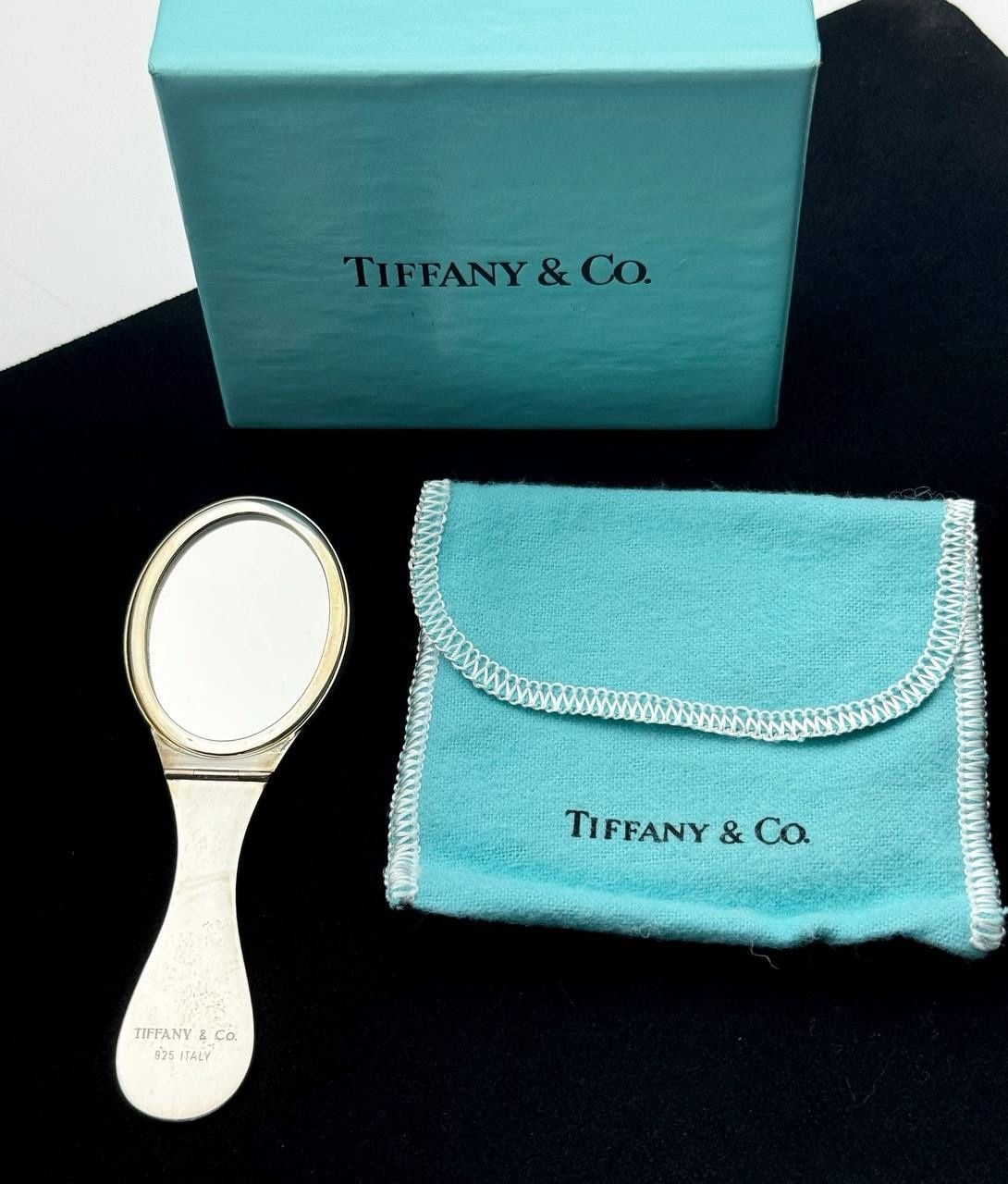 Vtg Tiffany & Co Makeup Folding Purse Mirror Compact 925 Sterling Silver Box Dust Bag