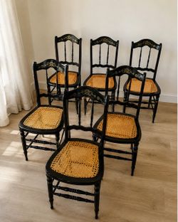 Set of 6 Vintage Black Cane Dining Chairs – Hand-Painted Floral Detail