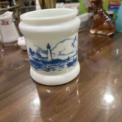 1 MILK GLASS CIGAR HUMIDOR W/BLUE  LIGHTHOUSE & FISHING VILLAGE SCENE NO LID