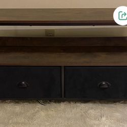 TV Stand Rustic Brown Wood Black Fabric Drawers Light Weight (Fits Up To 40 Inch TV)
