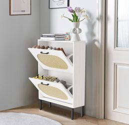 Shoe Storage Cabinet with 2 Flip Drawers, Freestanding Narrow Shoe Rack Organizer for Entryway with Natural Semi-Circular Rattan Doors, Shoe Shelves,