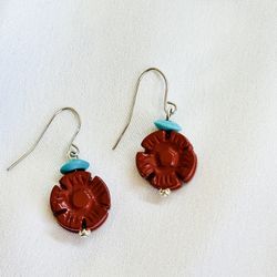 Coral Flower Earrings with Turquoise Bead – Sterling Silver Hooks