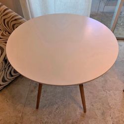 Two Sturdy Round Tables – White Tops, Wood Base – $100
