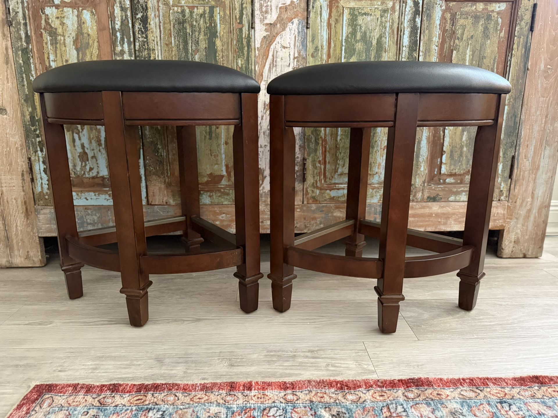 Space-Saving Barstool Pair - Wood + Vegan Leather