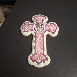 3D Layered Wood Cross Says "Bless This Child " Pink & White Cross By Lisa Frost For Demdaco 11" X 7.5"