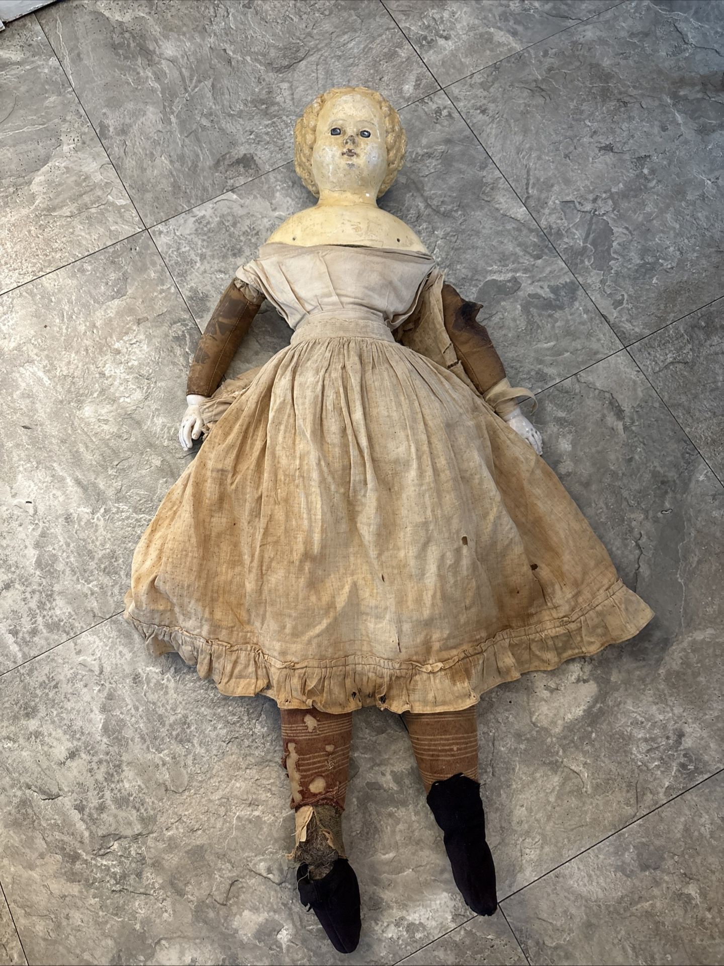 ANTIQUE DOLL EARLY GREINER c. 1800'S LARGE PAPIER MACHE COVERED WAGON DOLL ~32”