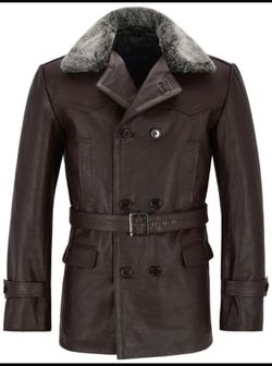 Mens Handmade German Peacoat Real Leather Artificial Fur Collar