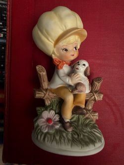 Vintage Kelvin Exclusives Porcelain Figurine B-887 Girl on Fence with Puppy Dog Japan