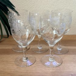Vintage Etched Floral Crystal Wine Goblets • Set of 5 • Starburst Flower Design