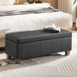 41" Faux Leather Storage Ottoman, Stitch Tufted Rectangle Upholstered End of Bed Storage Bench, Entryway Large Couch Ottoman with Wooden Legs,Dark Gre