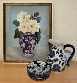 Vintage Framed Floral Print – Gardenias in Porcelain Vase